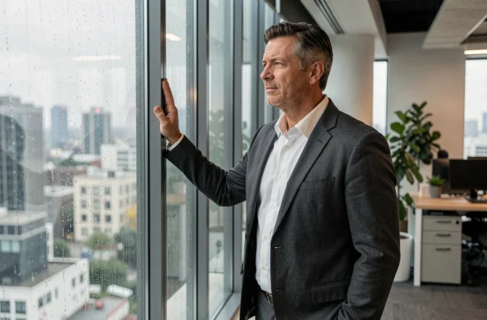 Homme d'affaires regardant par une fenêtre sous la pluie, symbolisant la résilience face aux défis professionnels et les traits de personnalité