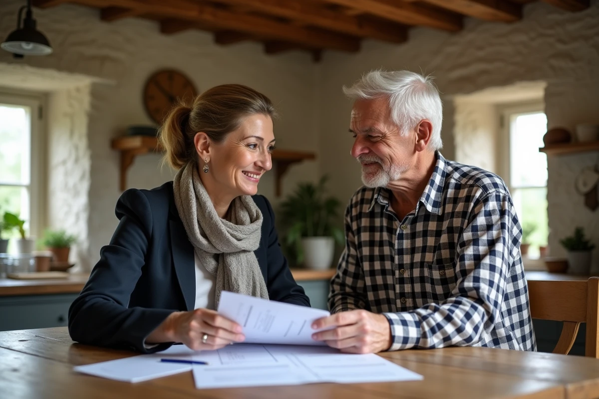 Discussion entre une femme et un homme avec documents immobiliers