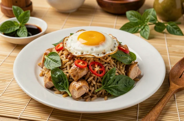 Riz thaï sauté au poulet et basilic frais surmonté d'un œuf frit croustillant