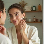 Femme aux trente ans appliquant un sérum naturel sur sa peau dans une salle de bain minimaliste aux tons ivoire et sauge