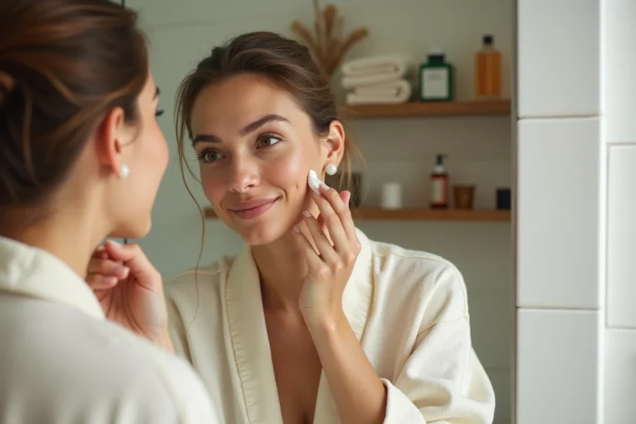 Femme aux trente ans appliquant un sérum naturel sur sa peau dans une salle de bain minimaliste aux tons ivoire et sauge