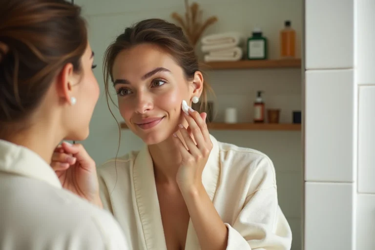 Femme aux trente ans appliquant un sérum naturel sur sa peau dans une salle de bain minimaliste aux tons ivoire et sauge