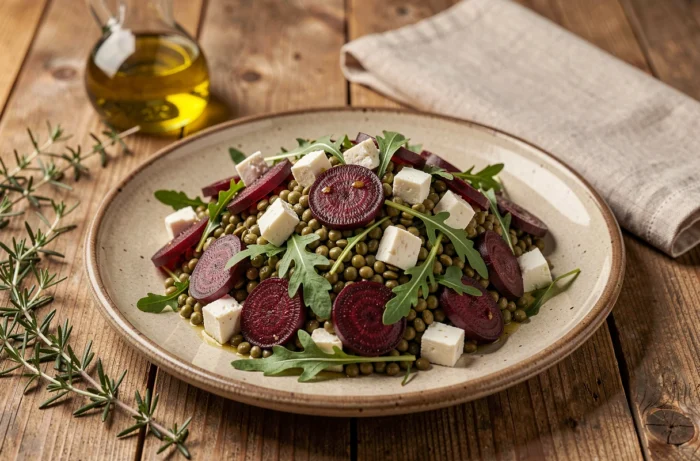 Salade de lentilles vertes avec chèvre frais émietté et betteraves rôties