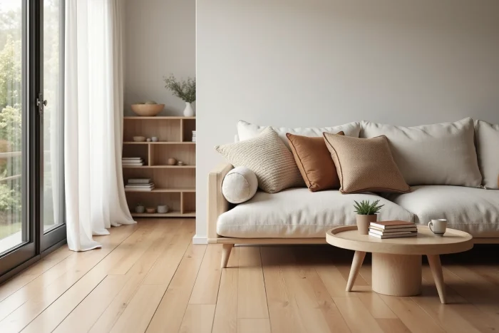 Salon scandinave accueillant avec canapé en lin crème, parquet en chêne clair et étagère minimaliste pour une maison fonctionnelle et chaleureuse