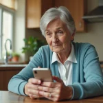 Senior femme utilisant un smartphone Doro à la cuisine pour apprendre WhatsApp