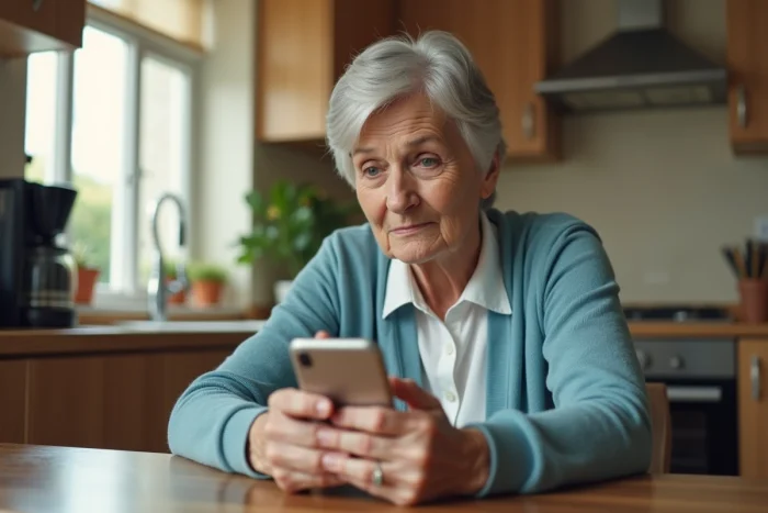 Senior femme utilisant un smartphone Doro à la cuisine pour apprendre WhatsApp