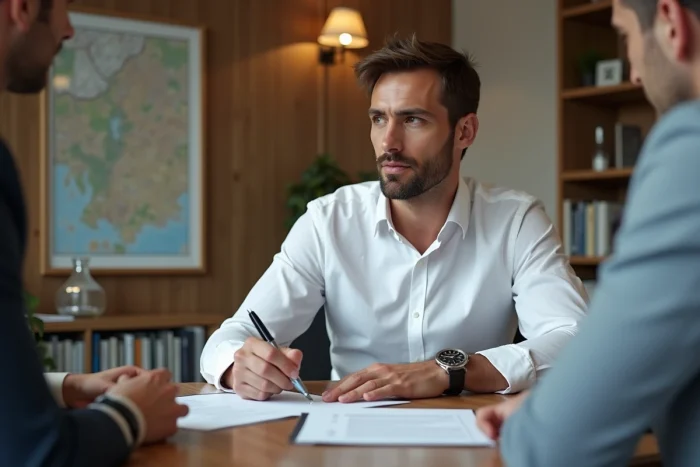 Homme signant un contrat immobilier avec un conseiller dans une agence, symbolisant la finalisation d'un investissement immobilier stratégique