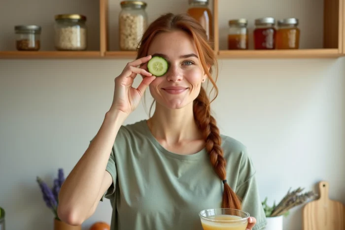 Jeune femme rousse aux taches de rousseur appliquant un soin naturel au concombre dans une cuisine lumineuse aux étagères en bois