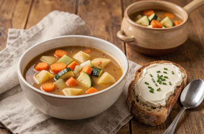 Soupe de légumes épaisse avec tartine de fromage frais et ciboulette