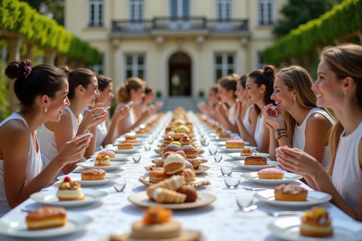 Groupe dégustant desserts sur table élégante au château