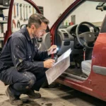 Technicien automobile inspectant le boîtier anti démarrage sous le tableau de bord d'une Renault Clio 2 rouge dans un atelier de mécanique