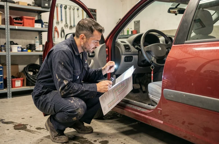Technicien automobile inspectant le boîtier anti démarrage sous le tableau de bord d'une Renault Clio 2 rouge dans un atelier de mécanique