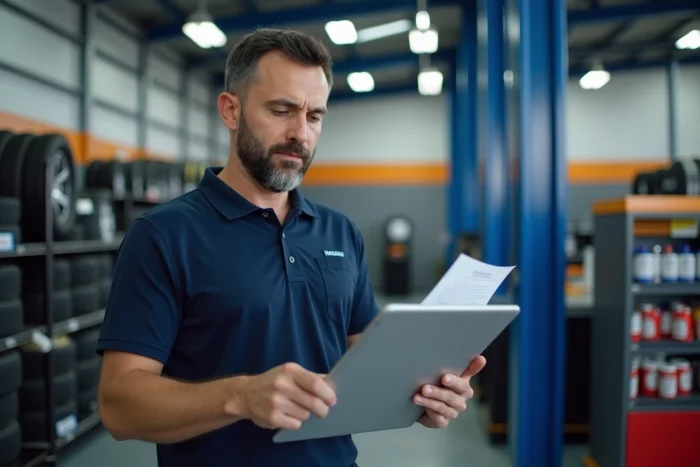 Technicien Norauto tenant un document de carte grise avec une tablette dans un centre automobile