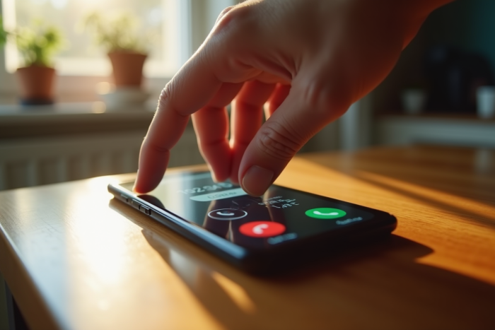 Smartphone sur une table en bois avec appel inconnu à l'écran