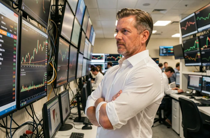 Trader masculin debout devant un tableau de données boursières en temps réel sur un plateau de trading financier animé