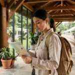 Voyageuse éco-responsable sur un quai de gare moderne consultant une carte papier, illustrant le voyage durable en train
