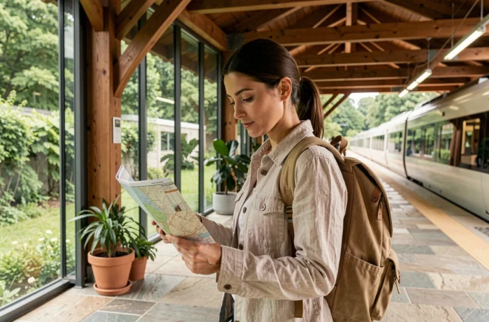 Voyageuse éco-responsable sur un quai de gare moderne consultant une carte papier, illustrant le voyage durable en train