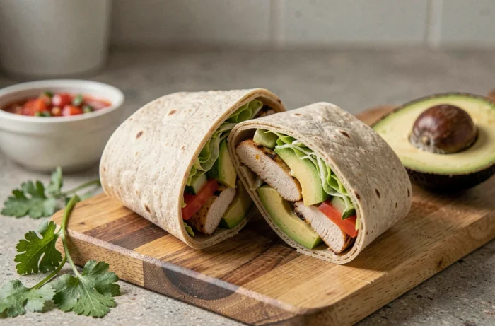 Wrap au poulet grillé tranché révélant l'avocat crémeux et les crudités fraîches